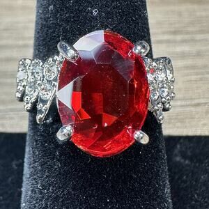 925 Sterling Silver Red Faceted Glass Cocktail Ring Silver Sparkle Accents Sz 8
